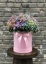 Цветочная композиция из Гипсофила и Розы в шляпной коробке в Тымовское