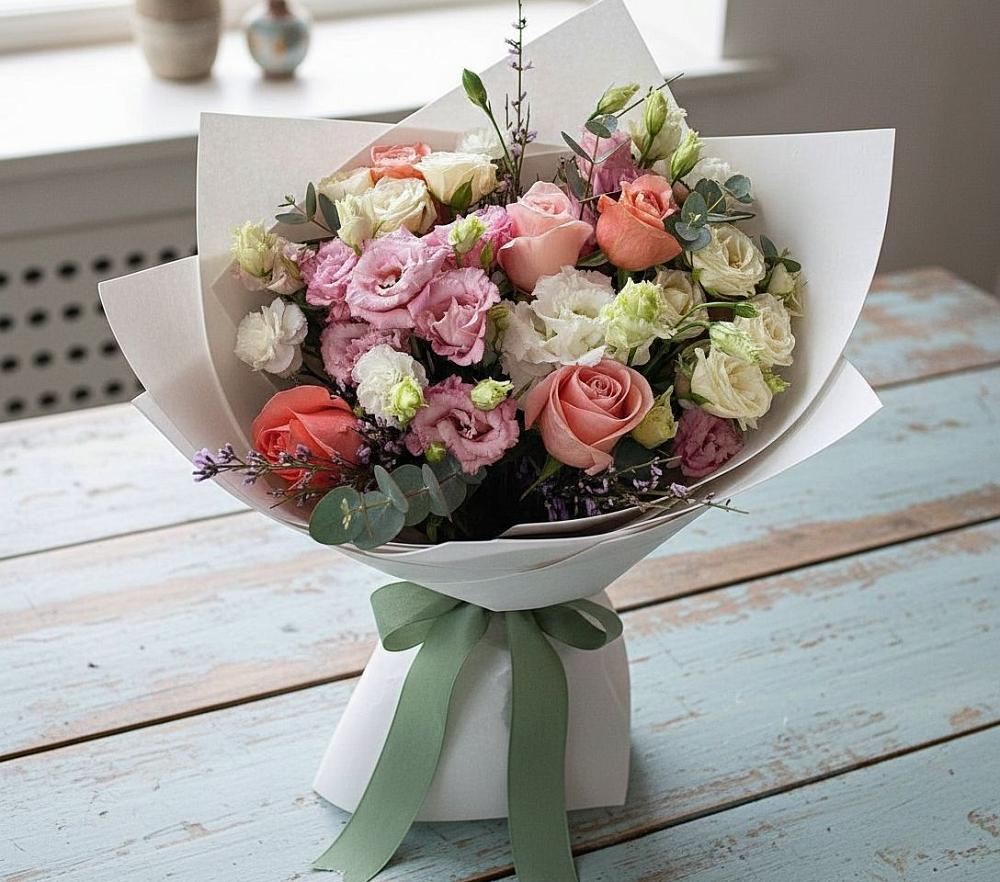 Букет цветов из: Розы, Лизиантусы и Гвоздики в Тымовское