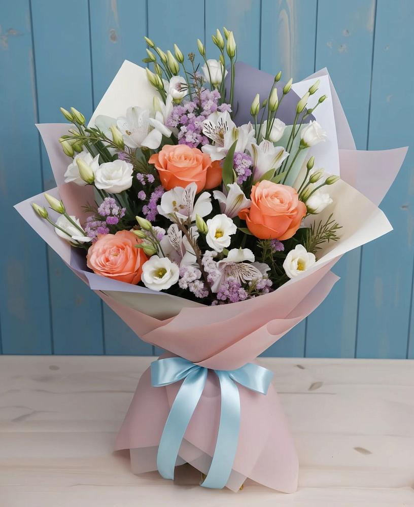 Букет цветов из: Лизиантусы, Розы, Альстромерии и Гипсофила в Тымовское